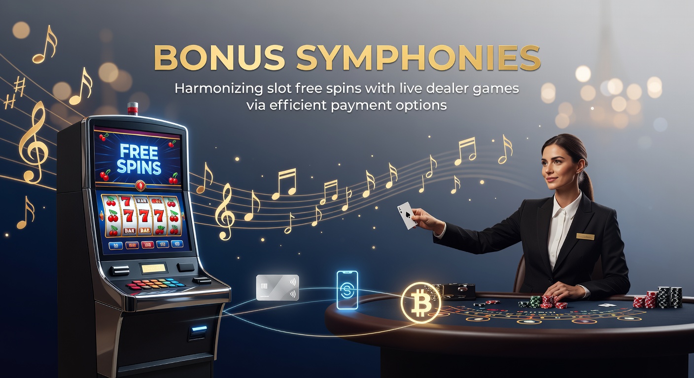 Grafische weergave van een symfonie tussen slotmachines met free spins en live dealer tafels, verbonden door betaaliconen zoals e-wallets en instant overschrijvingen