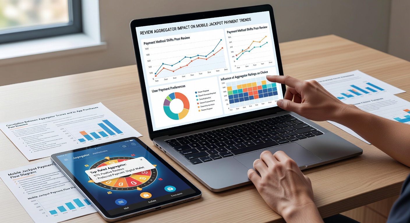 Illustratie van mobiele app interface met review aggregator integratie en betalingskeuze opties in jackpot spellen