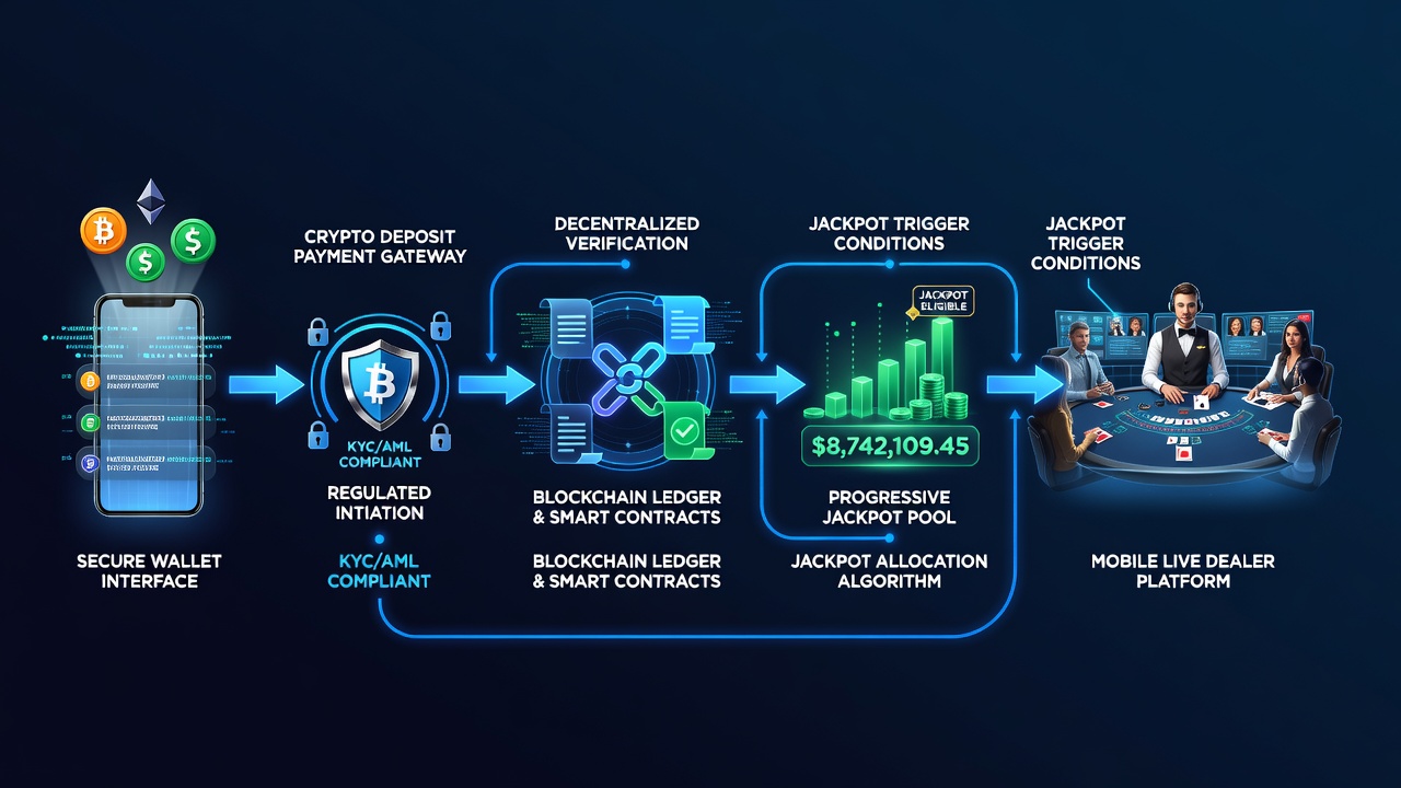 Diagram van betalingsflows tussen mobiele apps en live dealer jackpot systemen met cryptovaluta integratie
