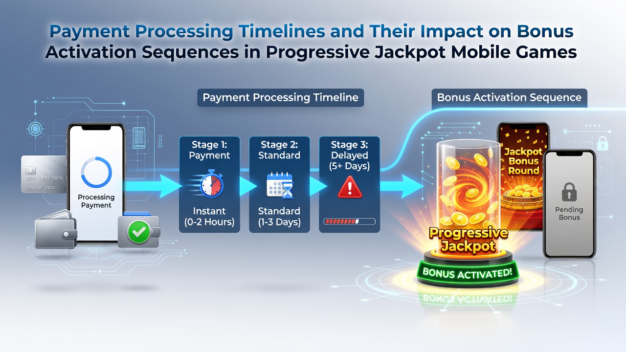 Diagram dat betalingsverwerkingstermijnen en bonusactiveringssequenties in mobiele progressieve jackpotspellen illustreert
