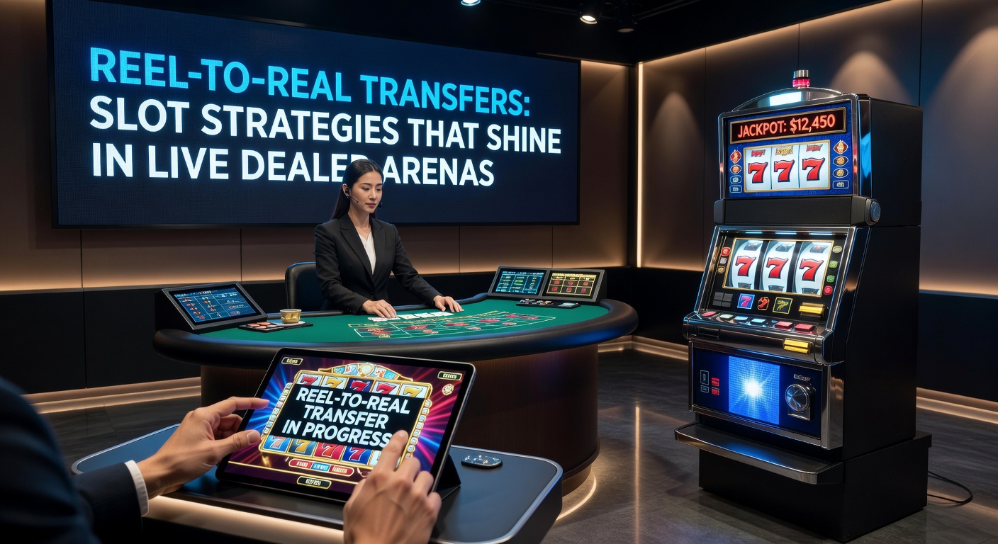 Digitale gokkastrollen maken plaats voor een live dealer aan een blackjacktafel, symboliserend de overgang van virtuele naar echte spellen