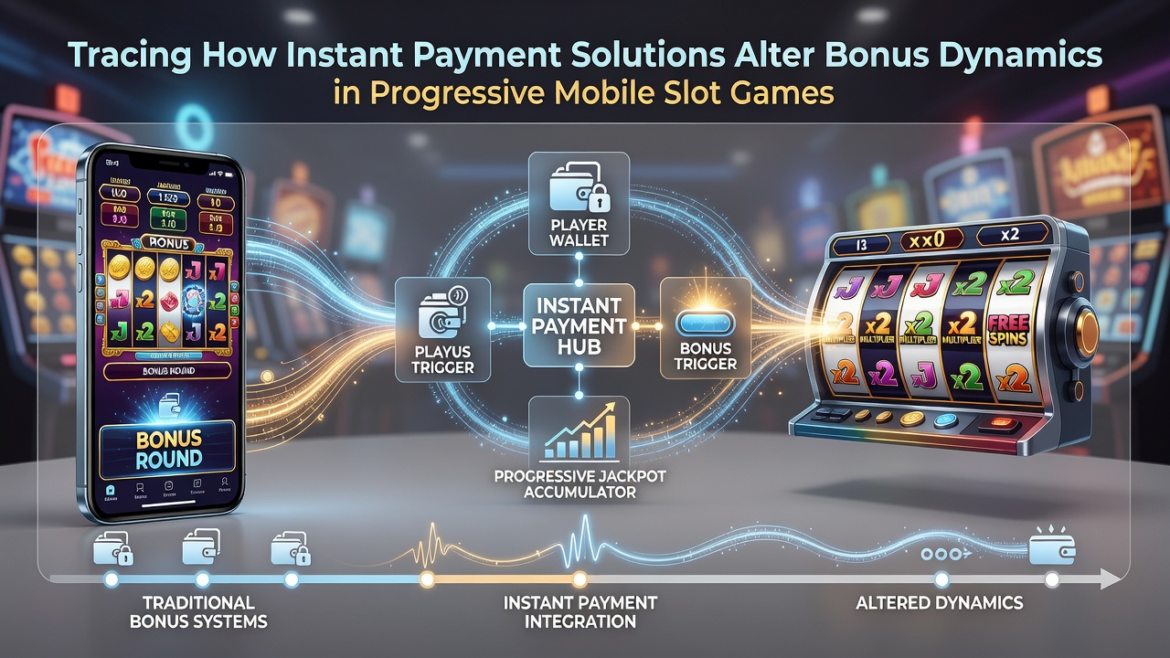 Illustratie van mobiele slotinterface met instant betalingsopties en groeiende progressieve jackpot meter