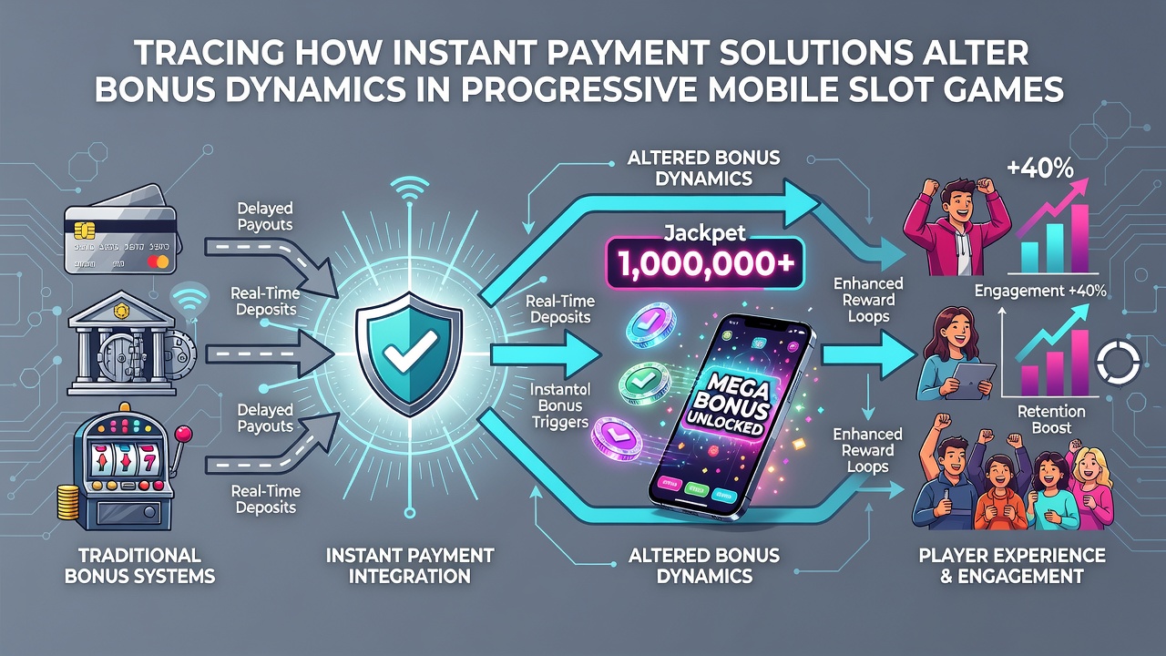 Diagram van bonusdynamiek waarbij instant payments de flow van free spins naar progressieve jackpot accumulatie tonen