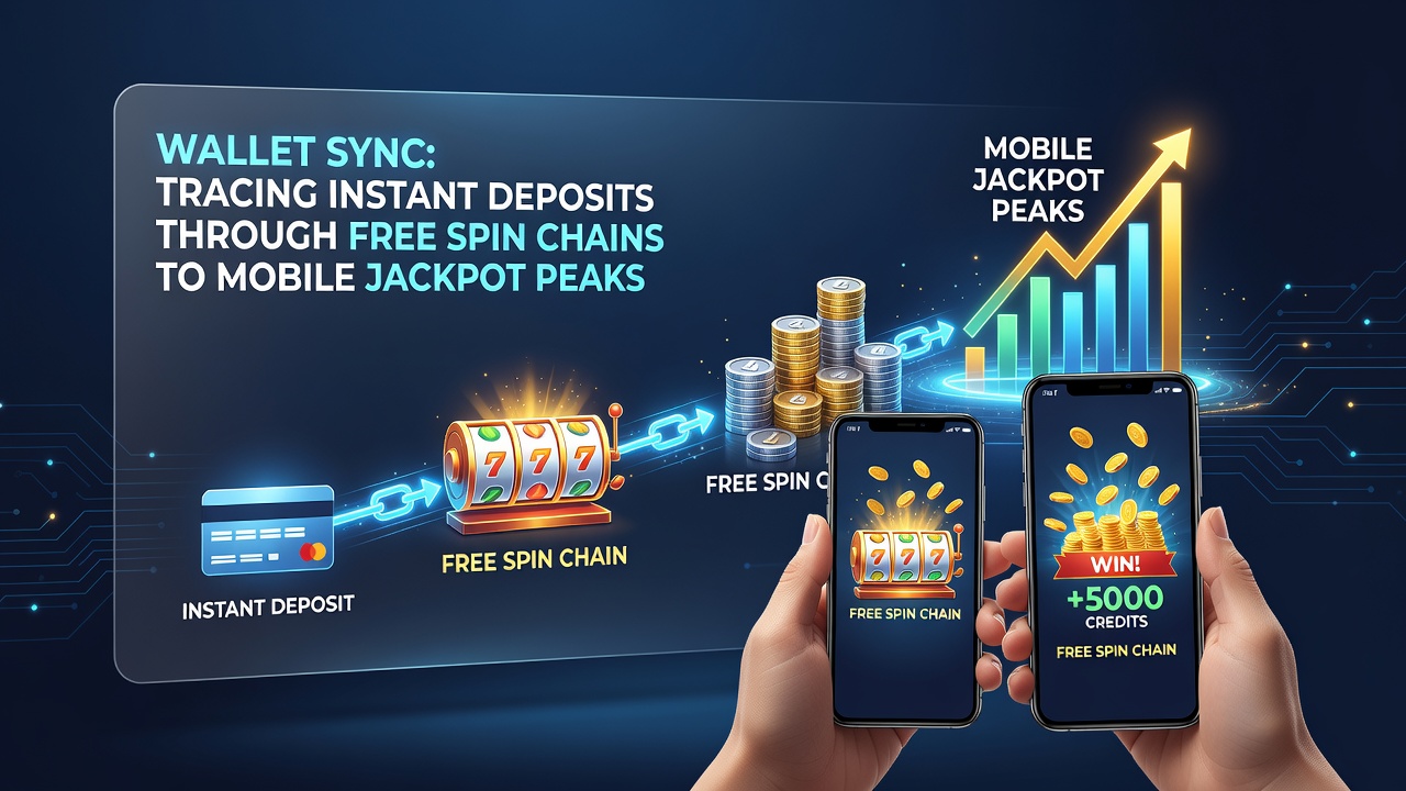 Mobiele interface met realtime wallet sync en free spin keten visualisatie die naar een jackpot piek leidt